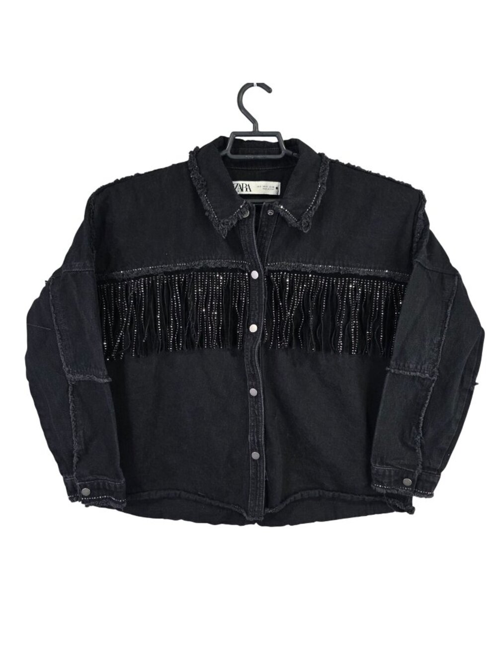 Womens Zara Black Denim Fringe Button Up Jacket Rhinestone Accents Western S